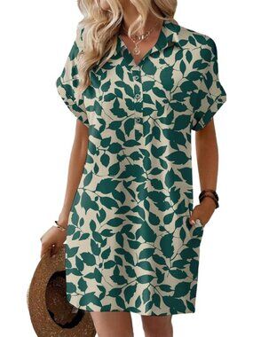 Women's Summer Shirt Dress Short Sleeve Floral Dress with Pocket Pink Leaf